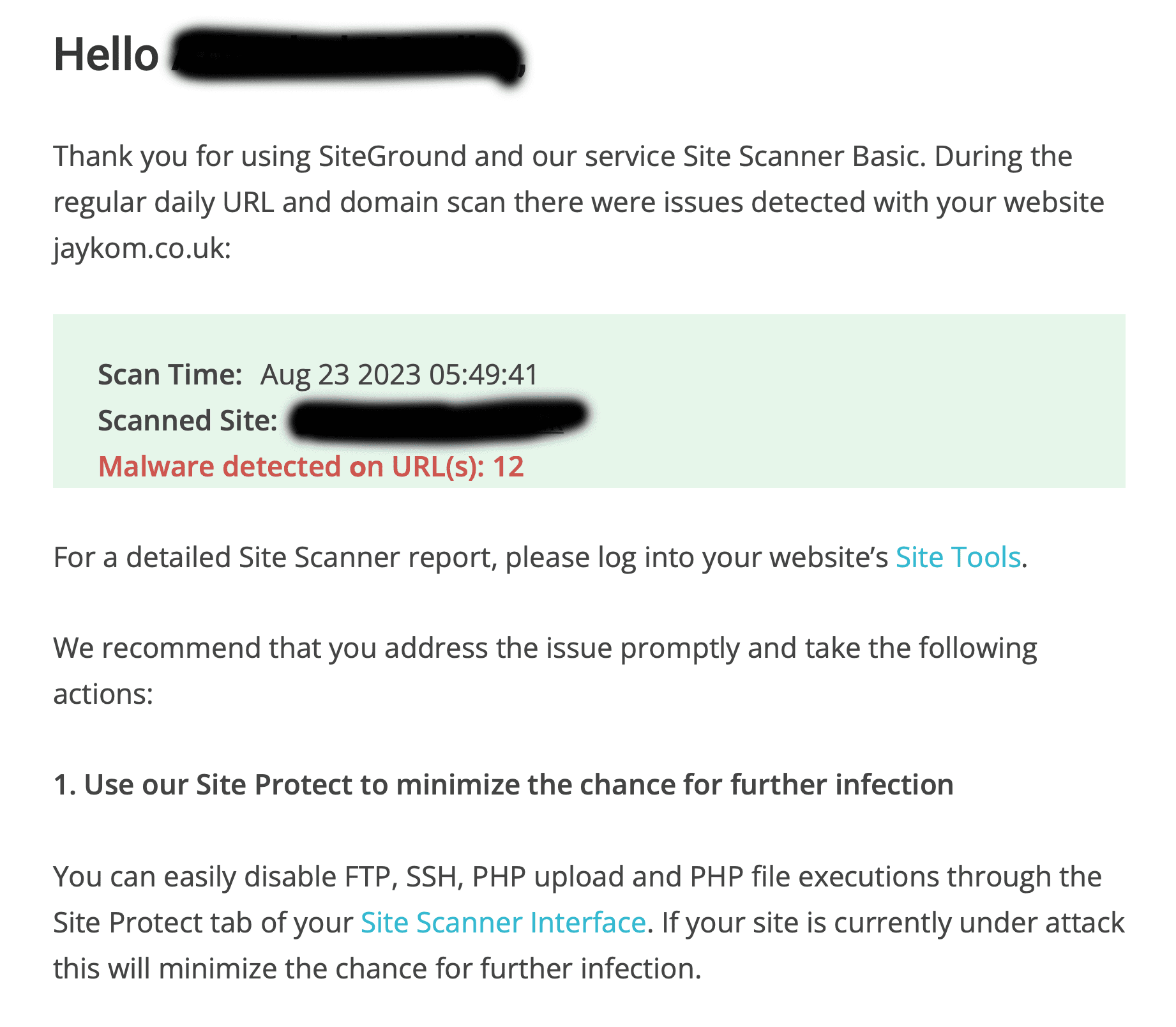 Siteground Malware Alert